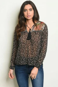 Women Black Floral Embroidered Mesh Hi Low Peasant Boho Hippie Top Blouse Tassel - Picture 1 of 3