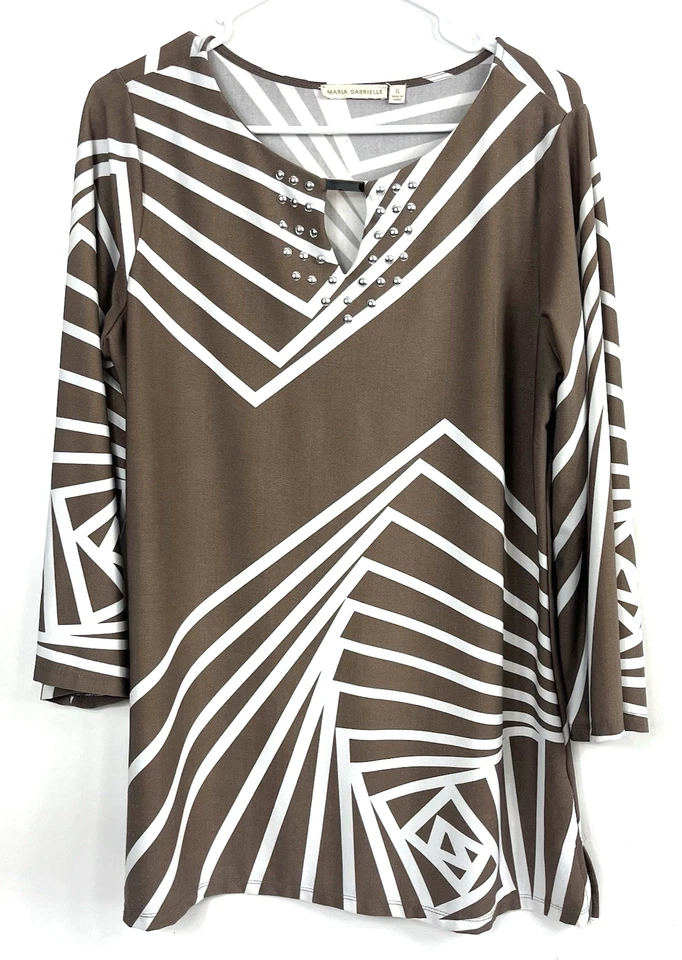 Women's Maria Gabrielle Brown White Silver Beads Abstract Stripe 3/4 Casual XL - Изображение 1 из 4