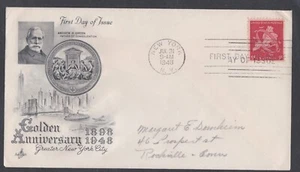 USA 1948 2 FIRST DAY COVERS 5c RED AIR MAIL 50th ANNIV OF NEW YORK CITY + CACHET - Picture 1 of 2