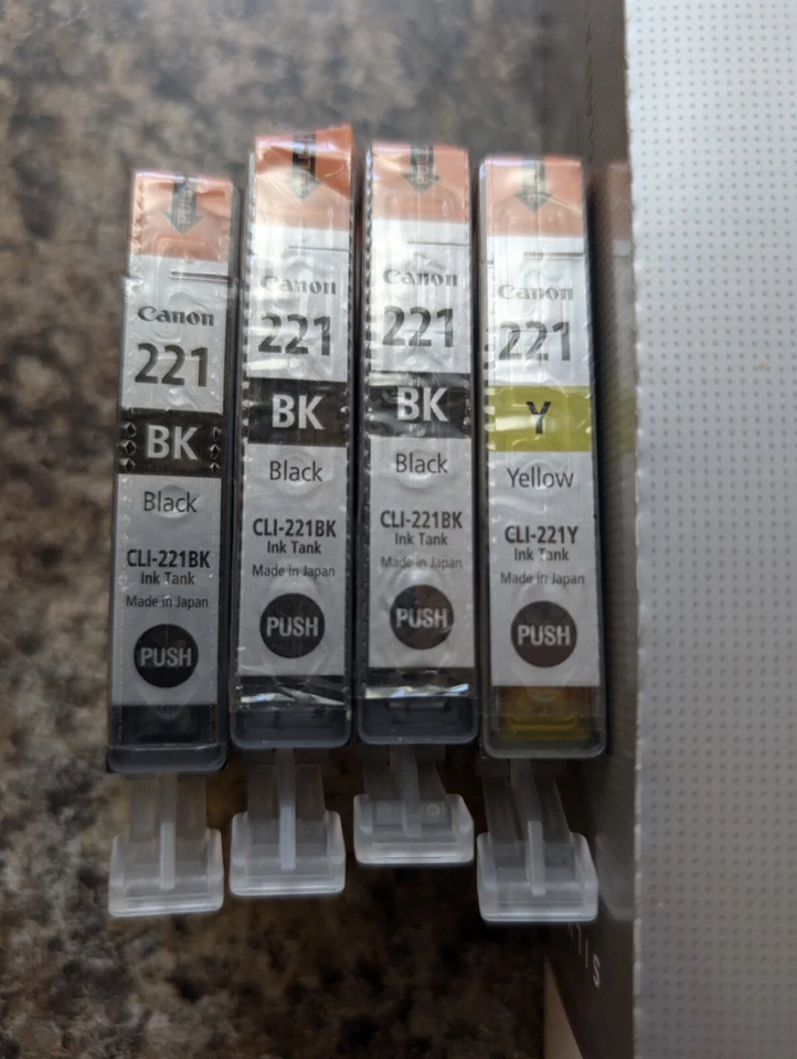 LOTE de 4 Canon CLI-221 genuinas negras y amarillas para PIXMA MP560/620/640/980 Foto 1 de 1
