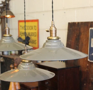 x3 Available 14” Vtg Industrial Green Gray Porcelain Enamel Pendant Lamp Light - Picture 1 of 12