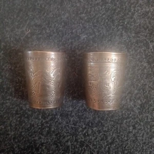 2x Brass Shot Glasses Etched Engraved Indian Tiny Vase Cups 5cm Tall-Collectible - Picture 1 of 1