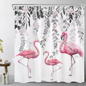 Pink Flamingo Shower Curtain Grey Leaf Pink Rose Floral Shower Curtains - Picture 1 of 12
