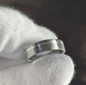 Modern Wedding Ring, Rugged Brushed Finish, Titanium Silver Stripe Band - Picture 1 of 9