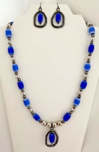 Rhodium Gun Metal Blue Ceramic Beaded 23" Necklace 2" Earring Set - Picture 1 of 13