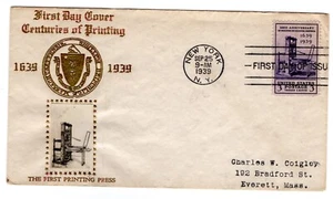 #857 Printing Tercentenary 1939 First Day Cover - Crosby Gold - Picture 1 of 2