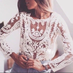 L New Boho White Lace Country Cottage Top Sheer Shirt Blouse Womens Size LARGE - Picture 1 of 6