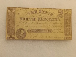 1861 NORTH CAROLINA CONFEDERATE STATE CSA TWO DOLLAR OBSOLETE CURRENCY NOTE BILL - Picture 1 of 2