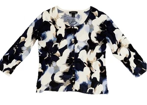 White House Black Market Floral Cardigan Sweater Sz L Women’s Blue Black Floral - Picture 1 of 11