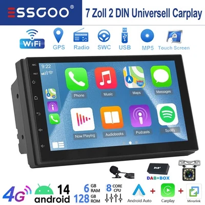 128G Carplay 7" DAB+ Android 14 Autoradio 2DIN GPS NAVI RDS Bluetooth MIK Camera - Bild 1 von 4