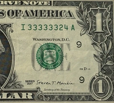 Six in a Row 3s Fancy Serial Number One Dollar Bill I33333324A FW Print - Image 1 of 4