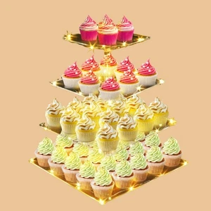 4 Tier Acrylic Cupcake Stand with Gold LED String Lights, Square Tower Cupcak... - Picture 1 of 7
