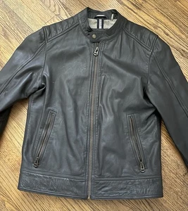Cole Haan Washed Black Leather Motto Jacket Full Zip Lined Mens Size Small - Picture 1 of 11