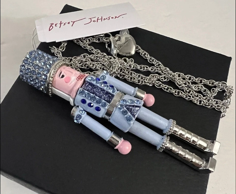 Collar Betsey Johnson Cascanueces Azul Colgante Largo Cristal Vacaciones Navidad Foto 1 de 4