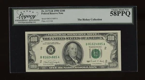 DBR 1990 $100 FRN New York Fr. 2173-B Legacy 58 PPQ Serial B81624885A - Picture 1 of 2