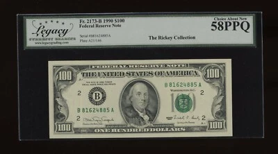 DBR 1990 $100 FRN New York Fr. 2173-B Legacy 58 PPQ Serial B81624885A - Image 1 of 2