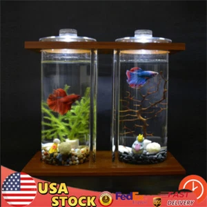 Dual Glass Desktop Fish Tank Home Office Betta Aquarium Set LED Light Ornaments - Picture 1 of 10
