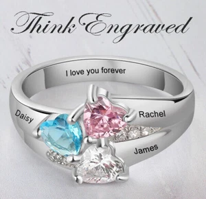 Personalized Engraved 3 Heart Birthstone Mother's Ring or Mom Ring .925 Sterling - Picture 1 of 8