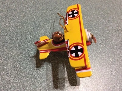 ZZ GERMANY Tin Yellow & Red Baron Biplane 31 Airplane Christmas Orn. VTG - Image 1 of 4