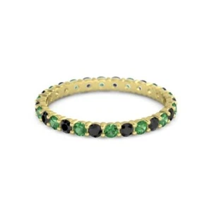 925 Sterling Silver Round Emerald Black Spinel Yellow Plated Band Ring - Picture 1 of 7