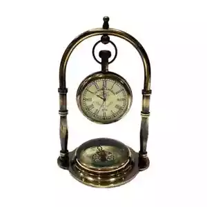 Vintage Look Nautical Maritime Antique Finish Brass Desk Clock With Compass - Picture 1 of 3
