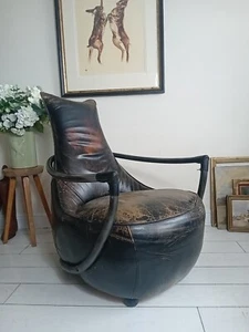 Leather Armchair steel Arms Frame Black Distressed Leather Bun Feet Stunning - Picture 1 of 24