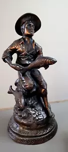 Antique Spelter Figurine/Statue of Man With Fish 46 cm - Picture 1 of 14