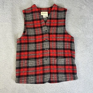 Chaleco Eddie Bauer Mujer Rojo Gris Cuadros Tartán Lana Nylon Mezcla Bolsillos Abotonados - Imagen 1 de 6