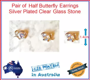 Pair Half Butterfly Stud Studs Earrings Silver Plated with Clear Crystal - Picture 1 of 2
