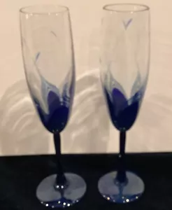 Vintage 2 Randy Strong Handblown Champagne Flutes Cobalt Blue Signed Dated - Picture 1 of 7