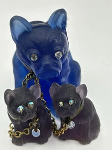 Satin Glass Bulldogs On Chains Miniature Figurines Blue Purple Rhinestone Eyes - Picture 1 of 11