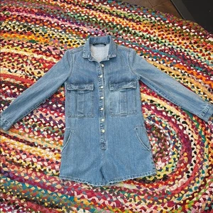 Zara Blue Long Sleeve Button Up Denim Jean Shorts Romper - Picture 1 of 5