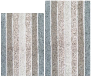 Badvorleger Set 2 Stück Grau Beige Alpen Streifen Wendbar Baumwolle Badematte... - Bild 1 von 9