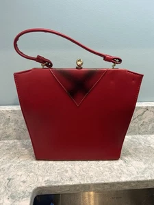 Red Purse VTG  Structured Handbag Matte Red Gold Trim Trapezoid Hinged - Picture 1 of 23