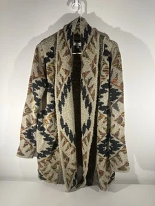 WOVEN HEART WOMEN’S OPEN FRONT CARDIGAN SWEATER GREY GEO PRINT L Aztec Western - Picture 1 of 4