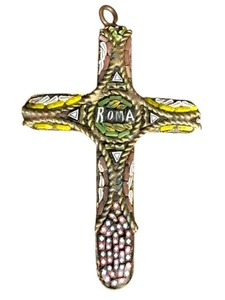 Vintage Micro Mosaic  Cross Crucifix Pendant Charm Roma Italy  - Picture 1 of 9