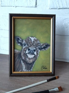 Cow Original Painting Farmhouse Art Calf Artwork Framed 7 by 5 Farm Animal. - Picture 1 of 8