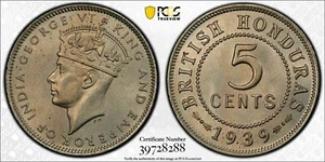 British Honduras, 1939 George VI Five Cents, 5 Cents. PCGS MS 65. 20,000 Mintage - Picture 1 of 4