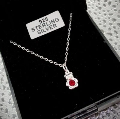 925 Sterling Silver Bear July Birthstone Ruby Necklace 18" Tiny Pendant BOXED - Image 1 of 3