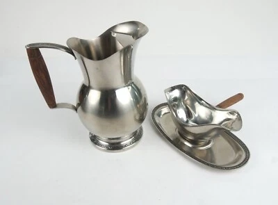 ONIEDA 18/8 Stainless Pitcher & Gravy Boat Wood Handles and Ice Guard, Vintage - Image 1 of 4