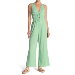 NSR Knit Jumpsuit in Mint Green Deep V-Neck Pull On Women's One Piece NEW - Picture 1 of 4