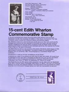 USPS FDC First Day Cover Souvenir Sheet Edith Wharton Stamp Scott #1832 - Picture 1 of 3