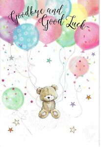 GOODBYE AND GOOD LUCK GREETING CARD 7"X5" CUTE BEAR WITH BALLOONS
