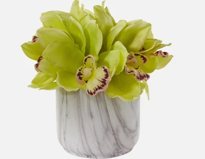 Cymbidium Orchid Artificial Arrangement in Marble Vase NWT - Image 1 of 3