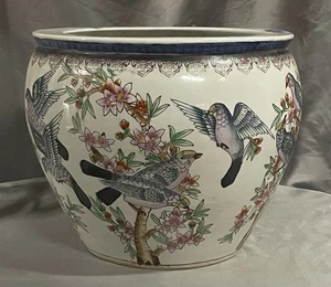 Vintage großes 15” x 12,5” chinesisches Porzellan Fischglas Übertopf Vögel Motiv - Bild 1 von 11