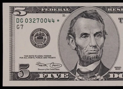 $5 2003 CU Star Federal Reserve Note DG03270044* five dollar, LOW 320K Run 2 - Image 1 of 3