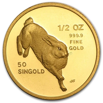1987 Singapur 1/2 oz Proof Gold 50 Singold Rabbit Foto 1 de 2