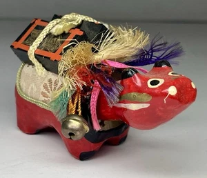 Vintage Japanische Hariko Rote Kuh Akabeco Wackelkopf Volk Spielzeug Pappmaché - Bild 1 von 20