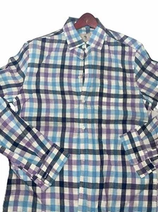 Blue Purple LINEN Checkered Plaid Shirt Spring Summer Roll Tab collared Men’s M - Picture 1 of 13