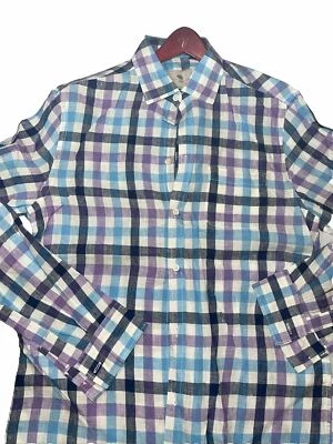 Blue Purple LINEN Checkered Plaid Shirt Spring Summer Roll Tab collared Men’s M - Image 1 of 4